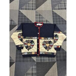 Vintage 90s‎ Patchwork Quilt Heart Button Sweater Minimalistic Women’s Size XL